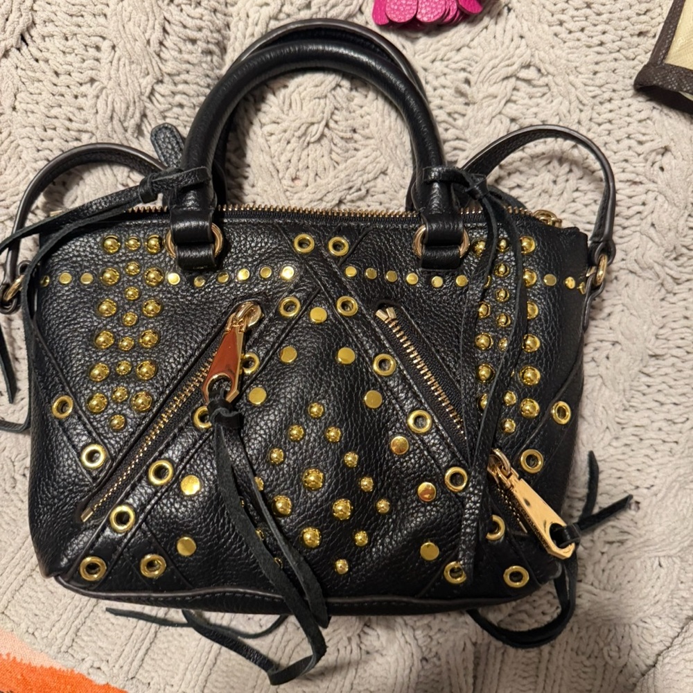 Rebecca Minkoff Black Leather Crossbody Bag with Gold Studs